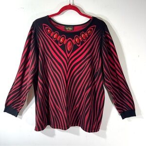 Bob Mackie Sweater Art To Wear Jeweled Animal Print Red Zebra
